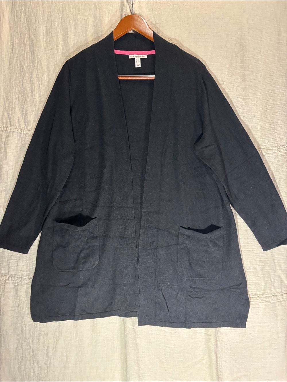 Isaac Mizrahi Live! Open-Front Cardigan Cotton Cashmere Black 1X EUC